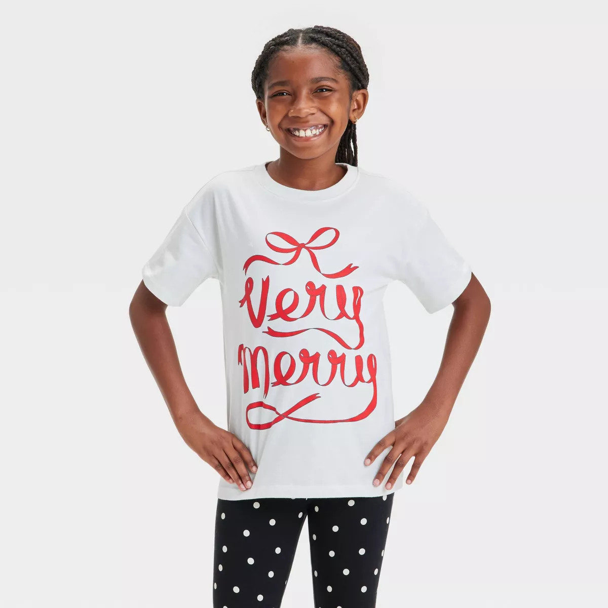 Girls' Short Sleeve 'Very Merry' Oversized Graphic T-Shirt - Cat & Jack™ Cream | Target