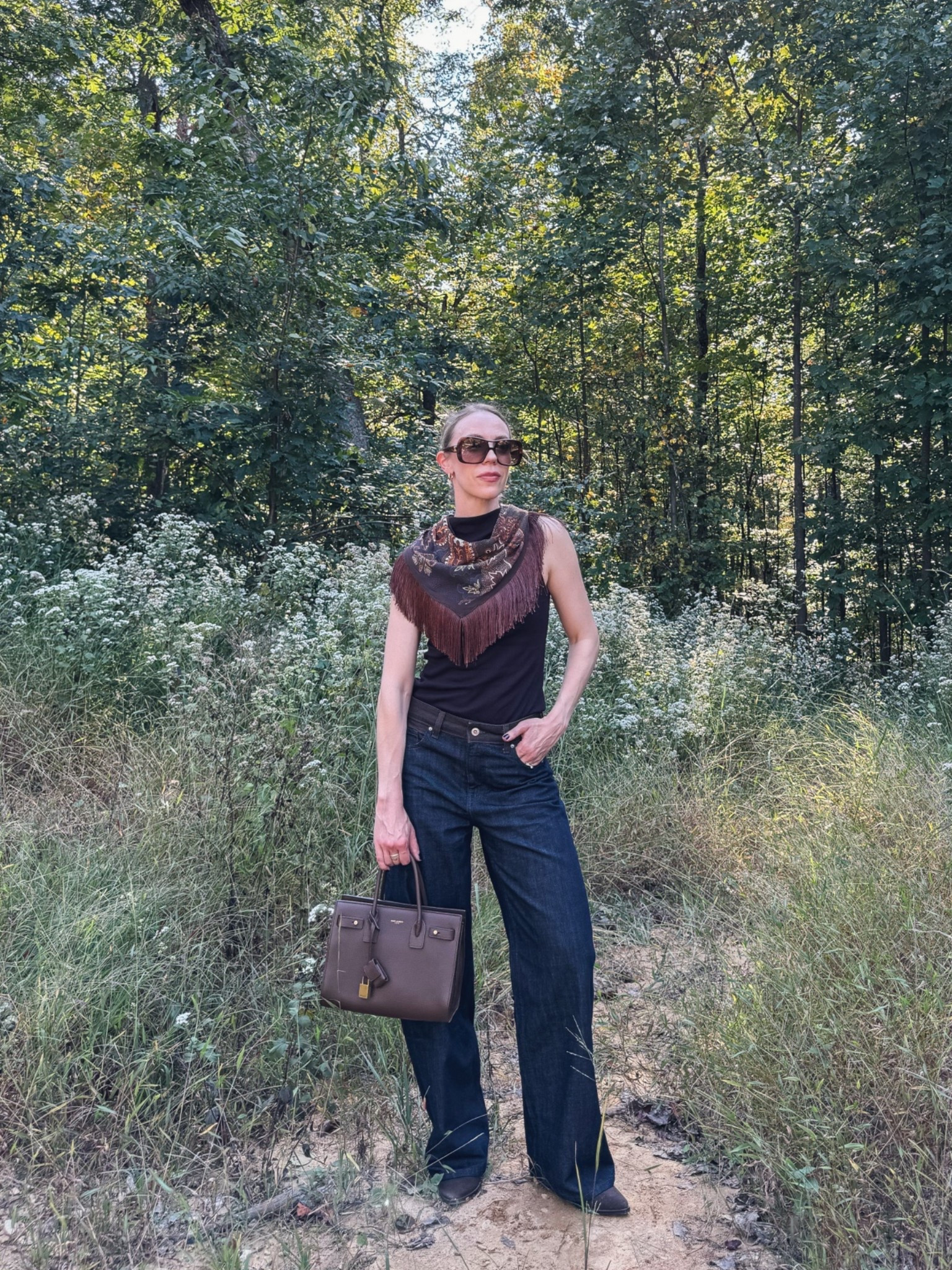 Western style fall outfit with paisley fringe scarf and @Zara western jeans