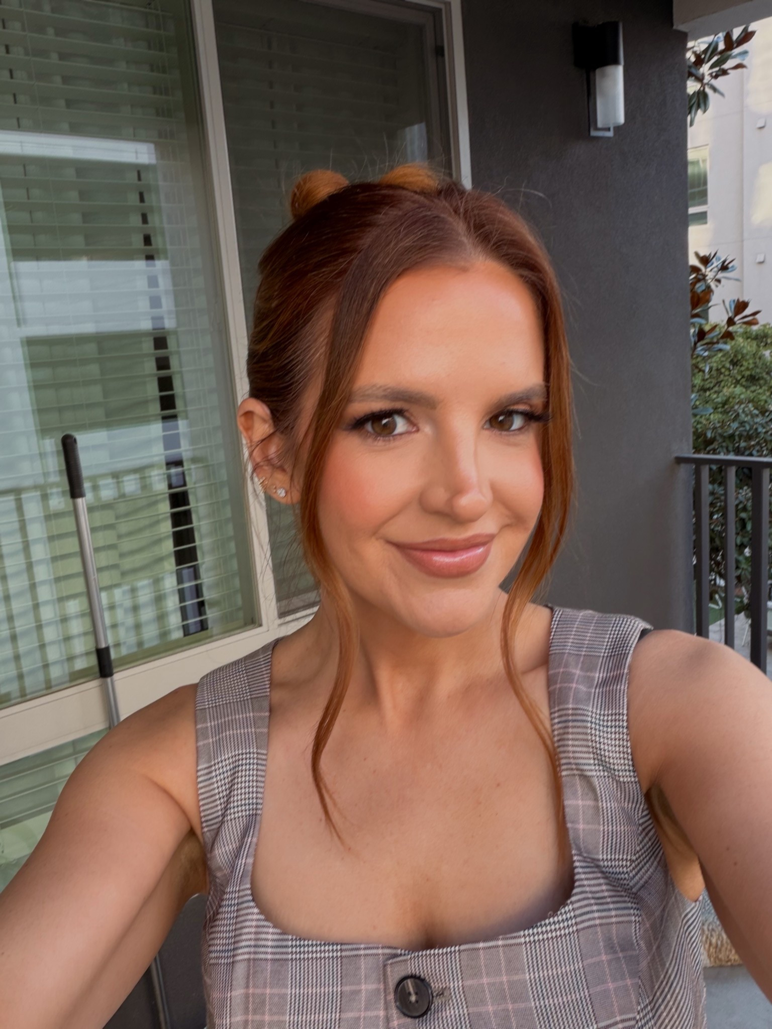 plaid revolve top, ring concierge earrings 

#LTKdayinmylife #LTKootd