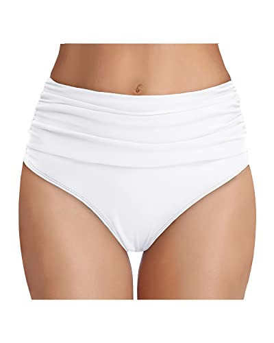 Tempt Me Women's White High Waisted Bikini Bottom Tummy Control Ruched Bathing Suit Swim Bottom S | Amazon (US)