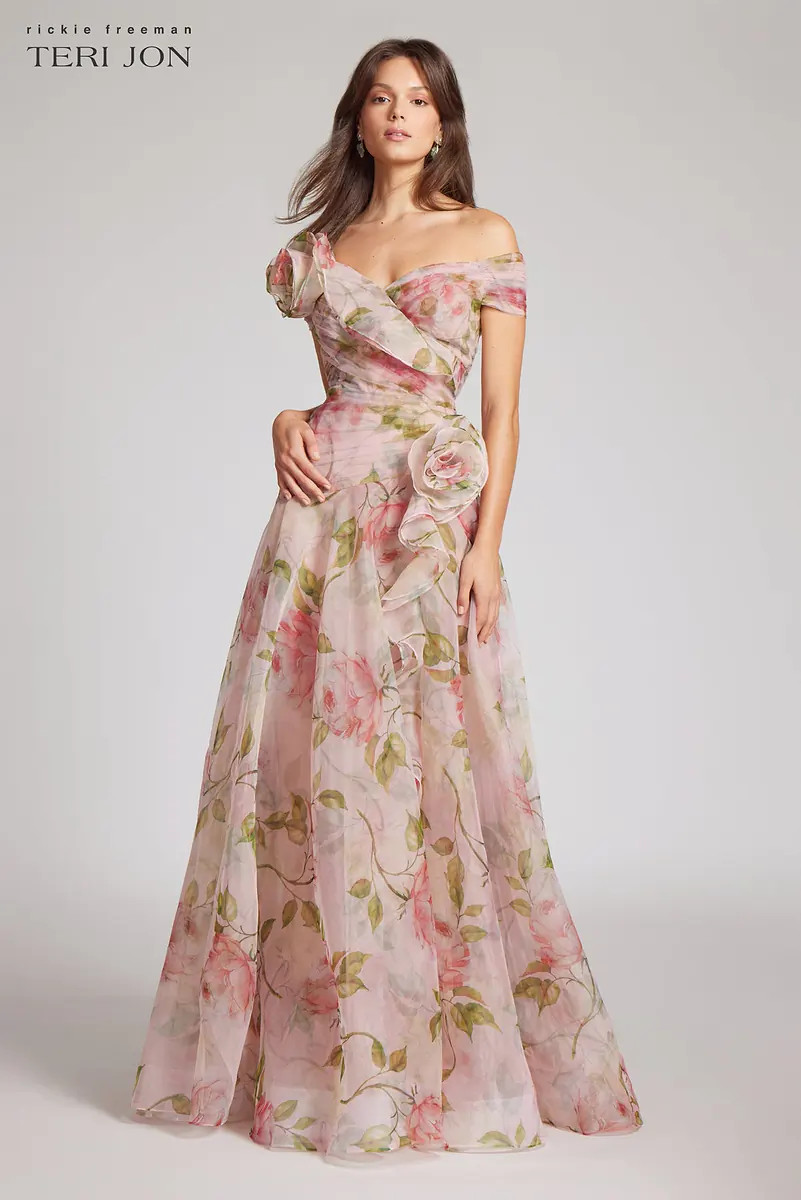 Off the Shoulder Organza Floral Gown | TERI JON