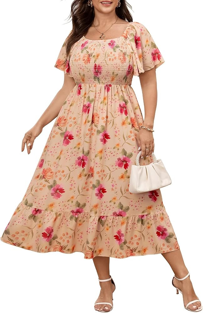 SCOMCHIC Women's Plus Size Summer Dress Casual Short Sleeve Scoop Neck Maxi Dress Smocked Ruffle ... | Amazon (US)