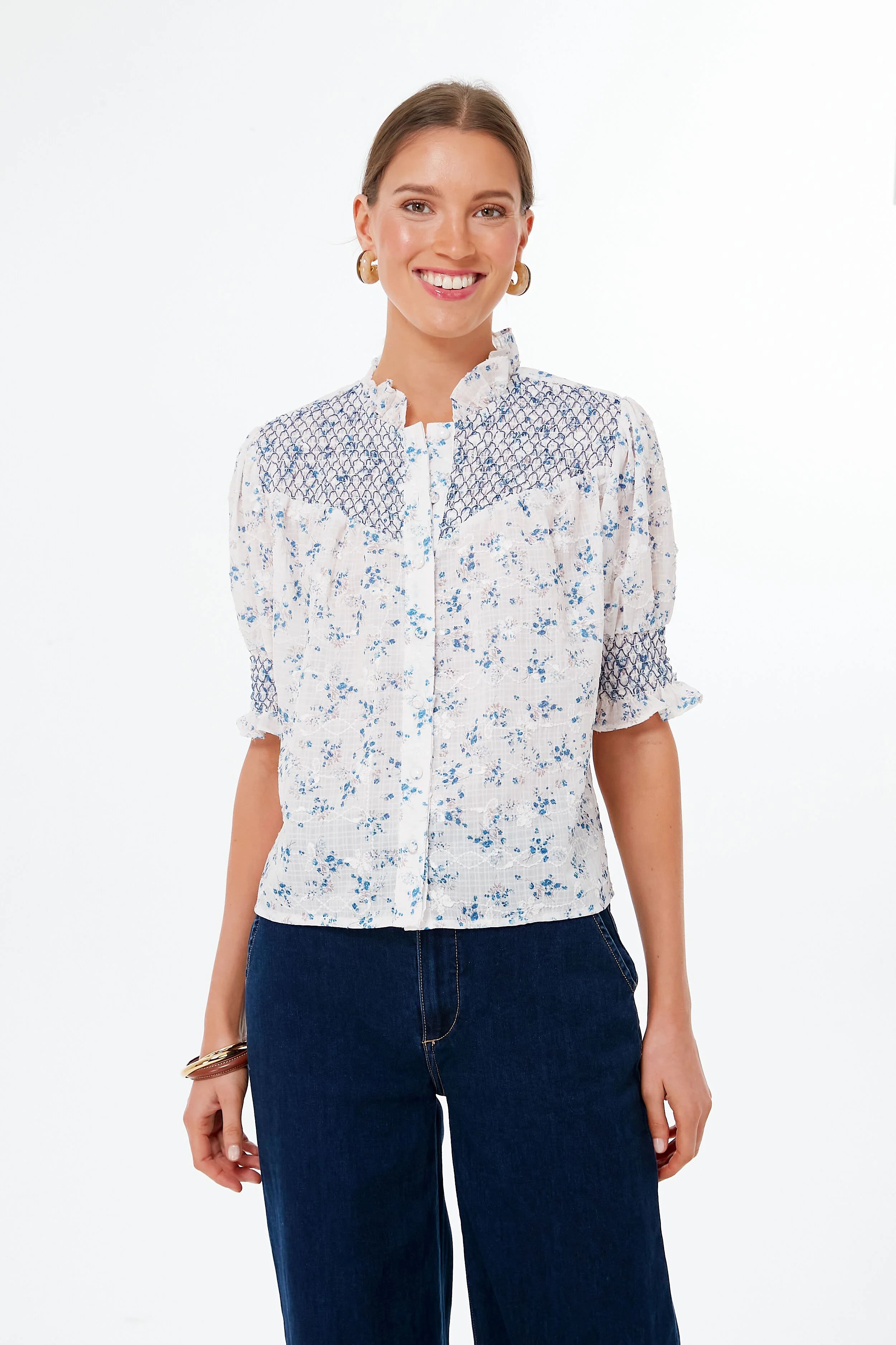 White and Blue Floral Nicole Shirt | Tuckernuck (US)