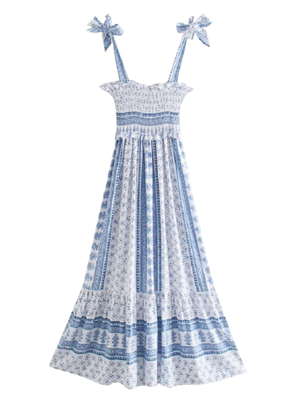 Blue and white mixed pattern smocked midi dress | Mulberry & King