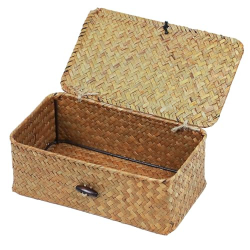 Wicker Storage Basket with Lid, Natural Seagrass Storage Baskets for Organizing, Rectangular Woven Basket for Storage, Decorative Boxes Bins with Lids Home Organizer Decor | Amazon (US)