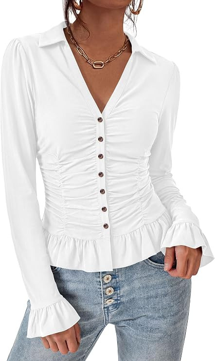 BTFBM Fitted Button Down Shirts for Women Dressy Casual Tops | Collar V Neck Long Sleeve Ruched T... | Amazon (US)