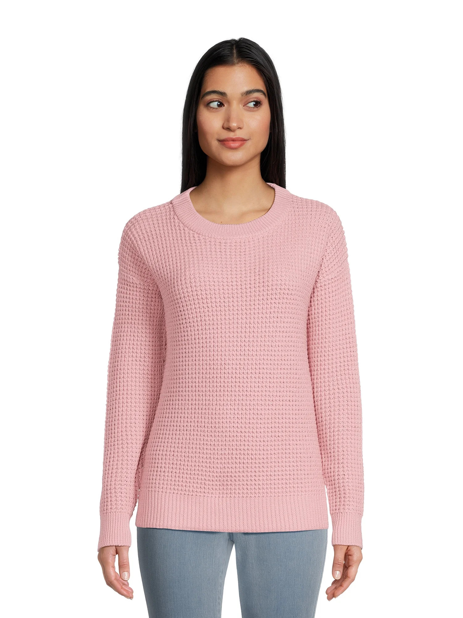 Time and Tru Women's Long Sleeve Waffle Crewneck Pullover Sweater | Walmart (US)