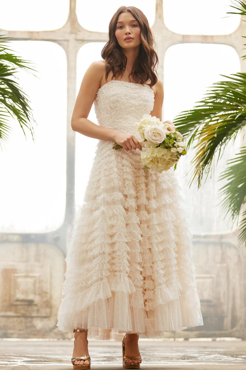 Hattie Ruffle Strapless Ankle Gown | Needle & Thread