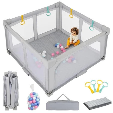 INFANS Foldable Baby Playpen with Mat, 50” x 50” Large Baby Play Yard for Infant with 50 Ocean Balls, 4 Handlers, Carry Bag, Indoor Outdoor Fence Toddler Activity Center | Walmart (US)