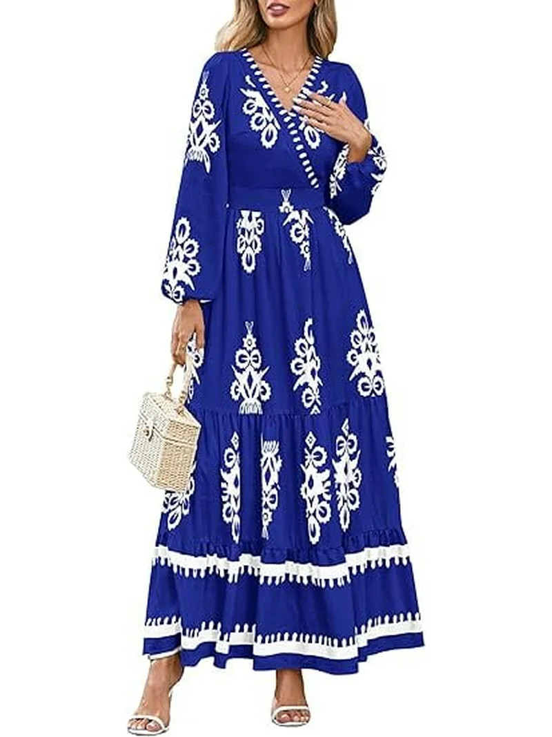 PRETTYGARDEN Women's Fall Wedding Guest Dresses Boho Floral Long Sleeve V Neck Flowy Elegant Maxi... | Walmart (US)