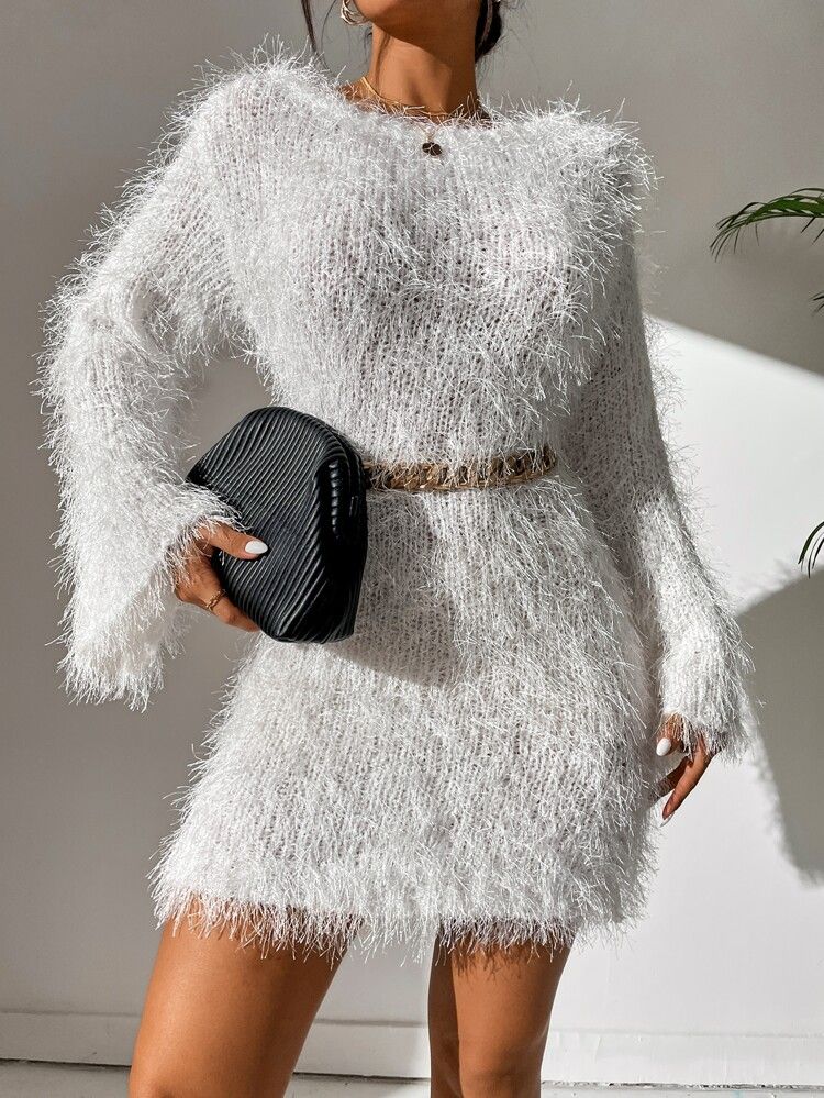 Solid Fuzzy Sweater Dress Without Belt | SHEIN