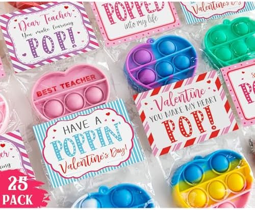 Valentines Day Gifts for Kids - Set of 25 Valentine Cards with Heart Pop Keychains - Bulk Fidget ... | Amazon (US)