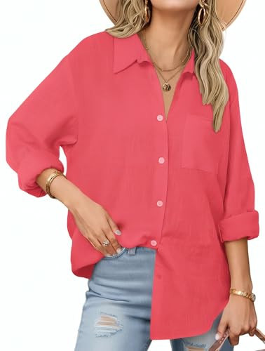Esabel.C Womens Oversized Button Down Shirts Long Sleeve Dress Shirts Wrinkle Free Solid Blouses Tops with Pockets,Fushcia,L | Amazon (US)