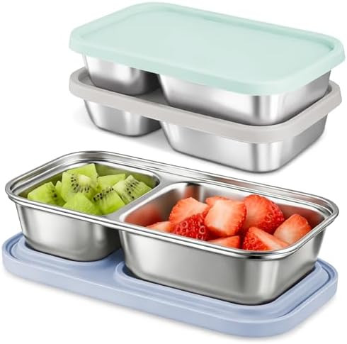 3 Pack Stainless Steel Snack Containers with Silicone Lids, 2-Compartment Snack Containers for Lu... | Amazon (US)