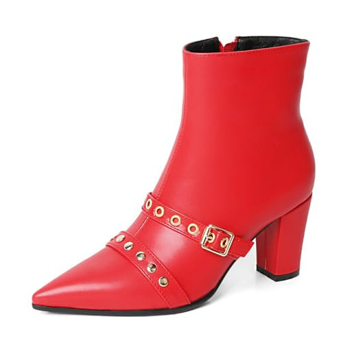 MEOTINA Red Boots for Women Pointed Toe Ankle Boot Dressy Chunky Heel Booties with Zipper Rivets Short Booite Fashion Shoes | Amazon (US)