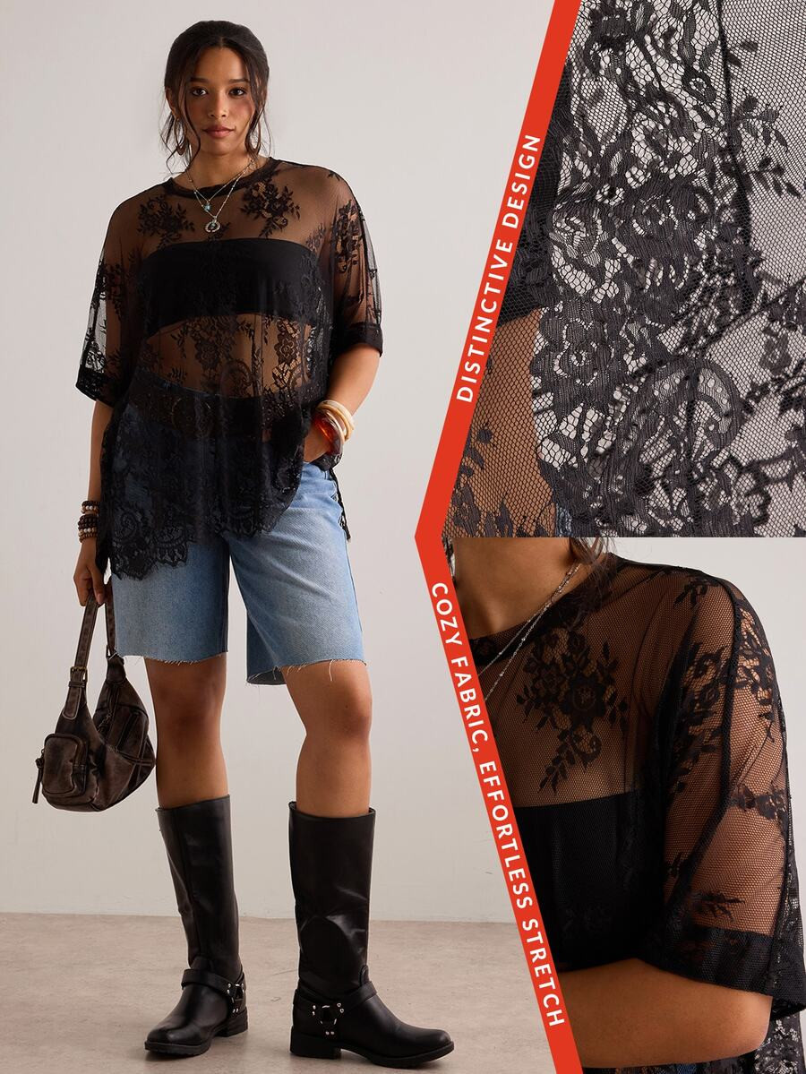 Freevana Plus Size Women Sheer Lace Blouse , Versatile Carnival Party Beach | SHEIN