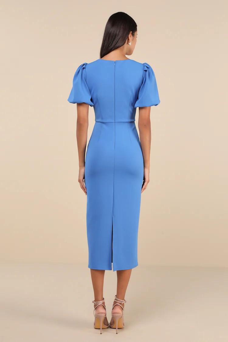 Simply Beloved Blue Puff Sleeve Bodycon Midi Dress | Lulus