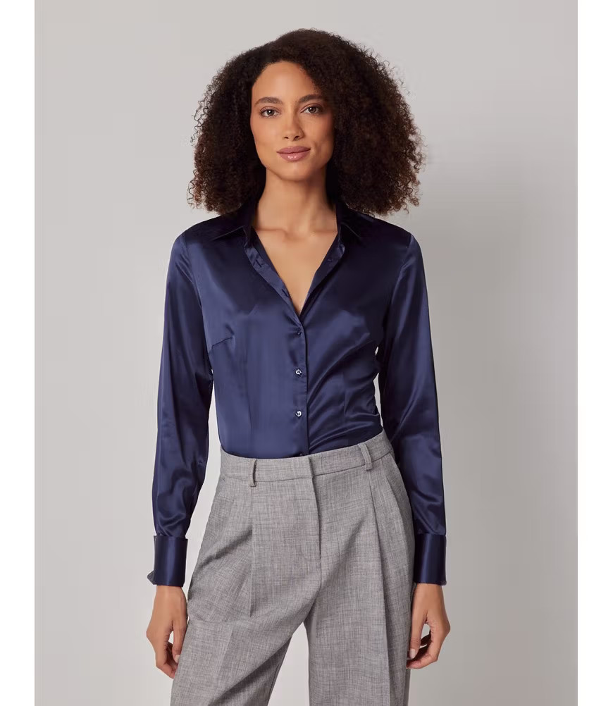 Women's Navy Fitted Satin Shirt - French Cuff | Hawes & Curtis | Hawes & Curtis - US