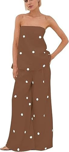 Ceputer Women 2 Piece Outfits Polka Dot Summer Pants Set Strapless Tube Top High Elastic Waist Wide Leg Pants Lounge Sets | Amazon (US)