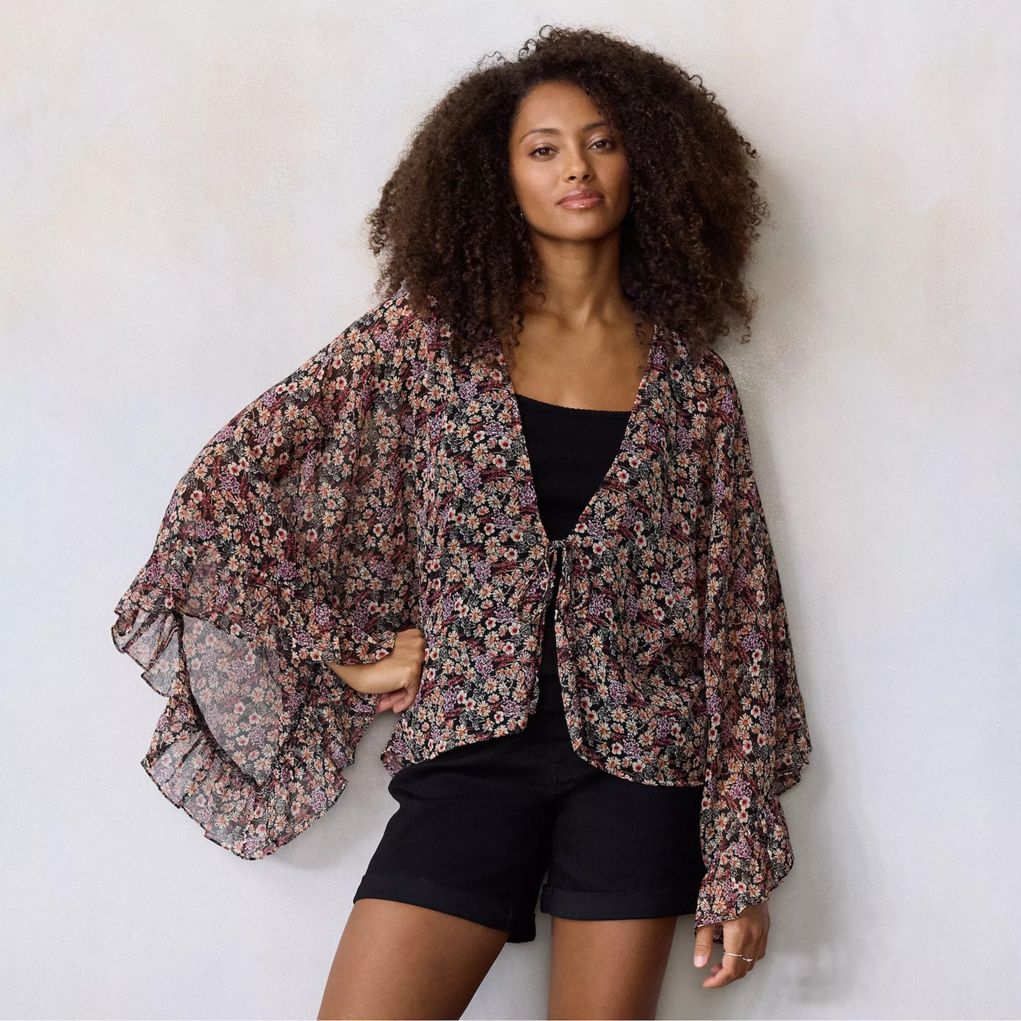 Women's LC Lauren Conrad Printed Ruffle Front Tie Ruana | Kohl's