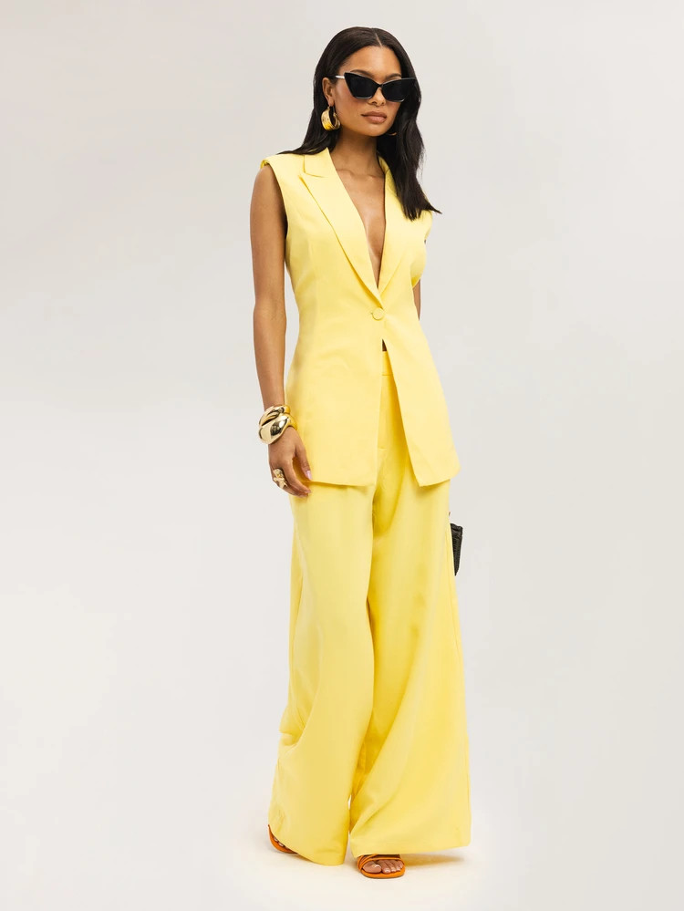 Dancing Leopard Yellow Sleeveless Longline Blazer Coord With Wide Leg Trouser, Co Ord Set Women, Summer Outfits For Women, Holiday Outfits, Night Out Outfit Women | SHEIN
