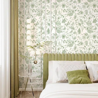 Floral Green Peel And Stick Wallpaper, 17.3" X 393" Self-Adhesive Removable Wallpaper, Waterproof Vinyl Roll With Butterfly Boho Design For Bedroom, S | Wayfair North America