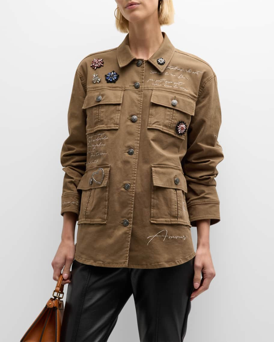 Cinq a Sept Vera Love Letter Embellished Military Twill Jacket | Neiman Marcus