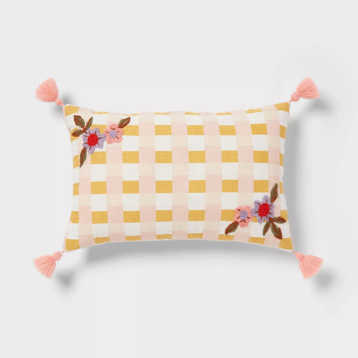 Checkered with Flower Embroidery Kids' Decorative Pillow - Pillowfort™ | Target