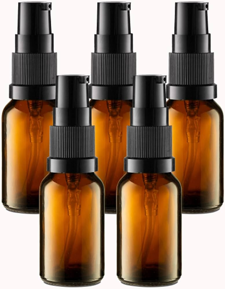 5 Pack Empty Refillable Glass Amber Pump Bottle Ideal for Lotion Cream Essential Oil Travel Small... | Amazon (US)