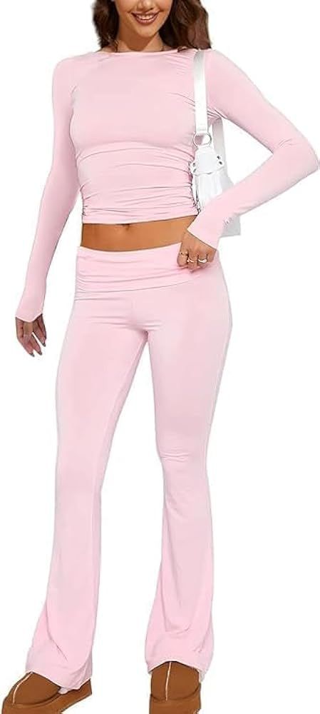 Women's 2 Piece Lounge Sets Long Sleeve Cropped Top Casual Outfits for Women Fold-over Flare Pant... | Amazon (US)