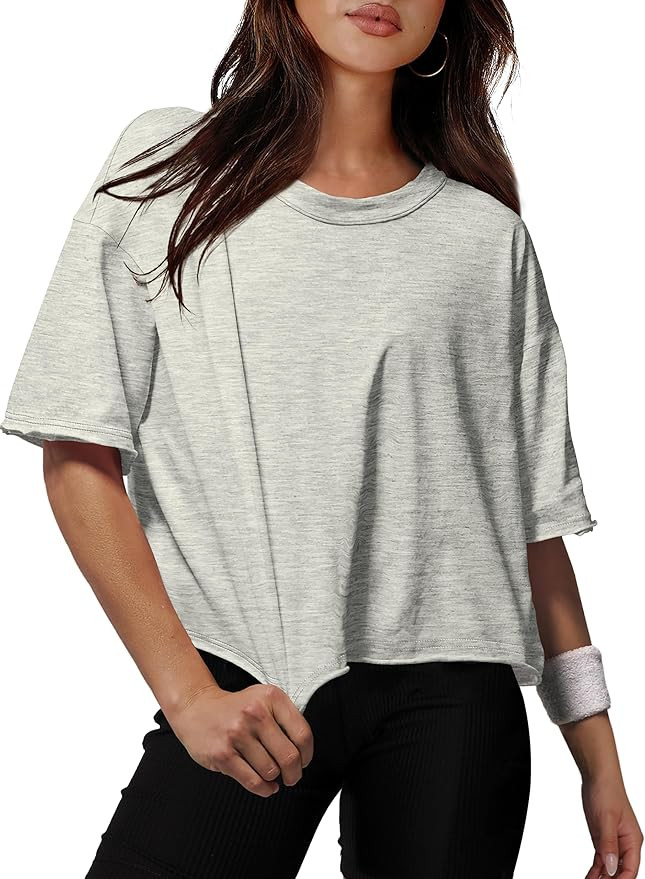 XIEERDUO Cotton Tshirts for Women Drop Shoulder Round Neck Oversized Crop Tops Workout Tops Tees | Amazon (US)