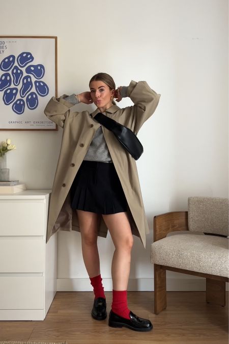 Uniqlo trench coat, Uniqlo grey jumper, black mini skirt, red socks, loafers 



#LTKstyletip #LTKeurope