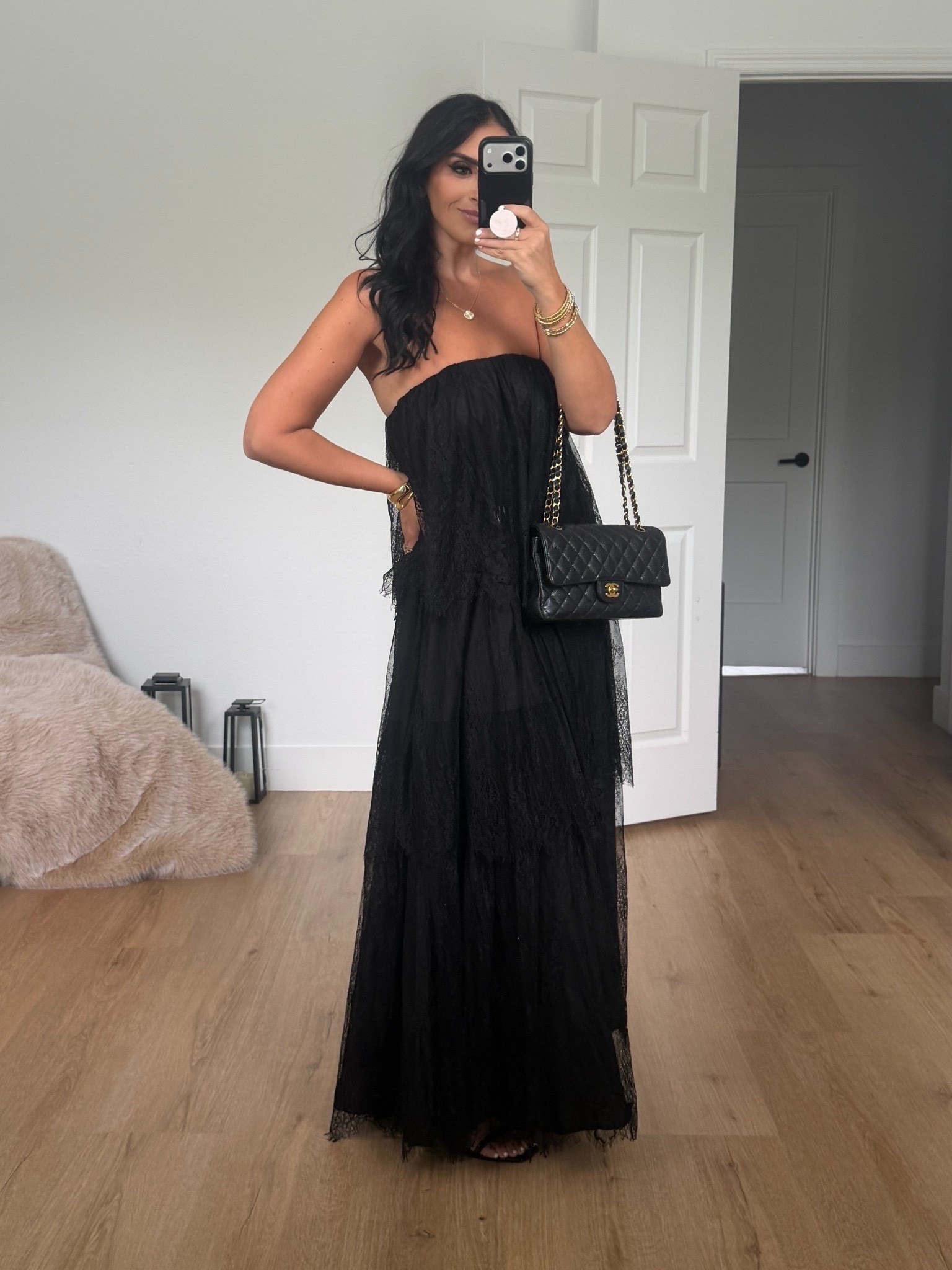 Petal & Pup Bloom Strapless Maxi Dress Black Lace wearing size small