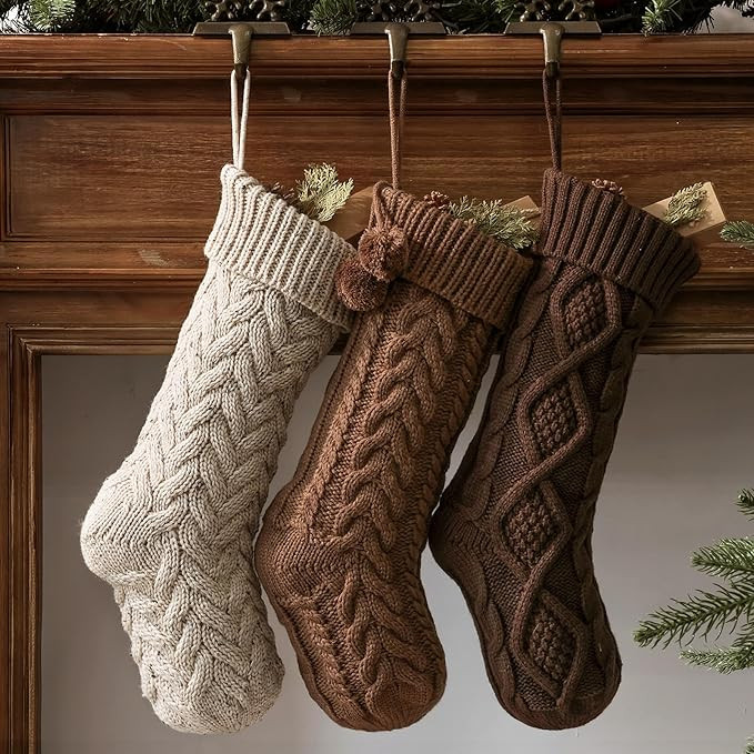 Farmhouse Knitted Christmas Stockings: 3 Pack 18 Inch Neutral Cable Knit Fireplace Stockings, Coz... | Amazon (US)