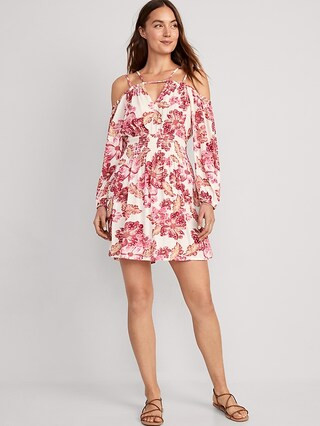 Matching Waist-Defined Floral Cold-Shoulder Cutout Smocked Mini Dress for Women | Old Navy (US)