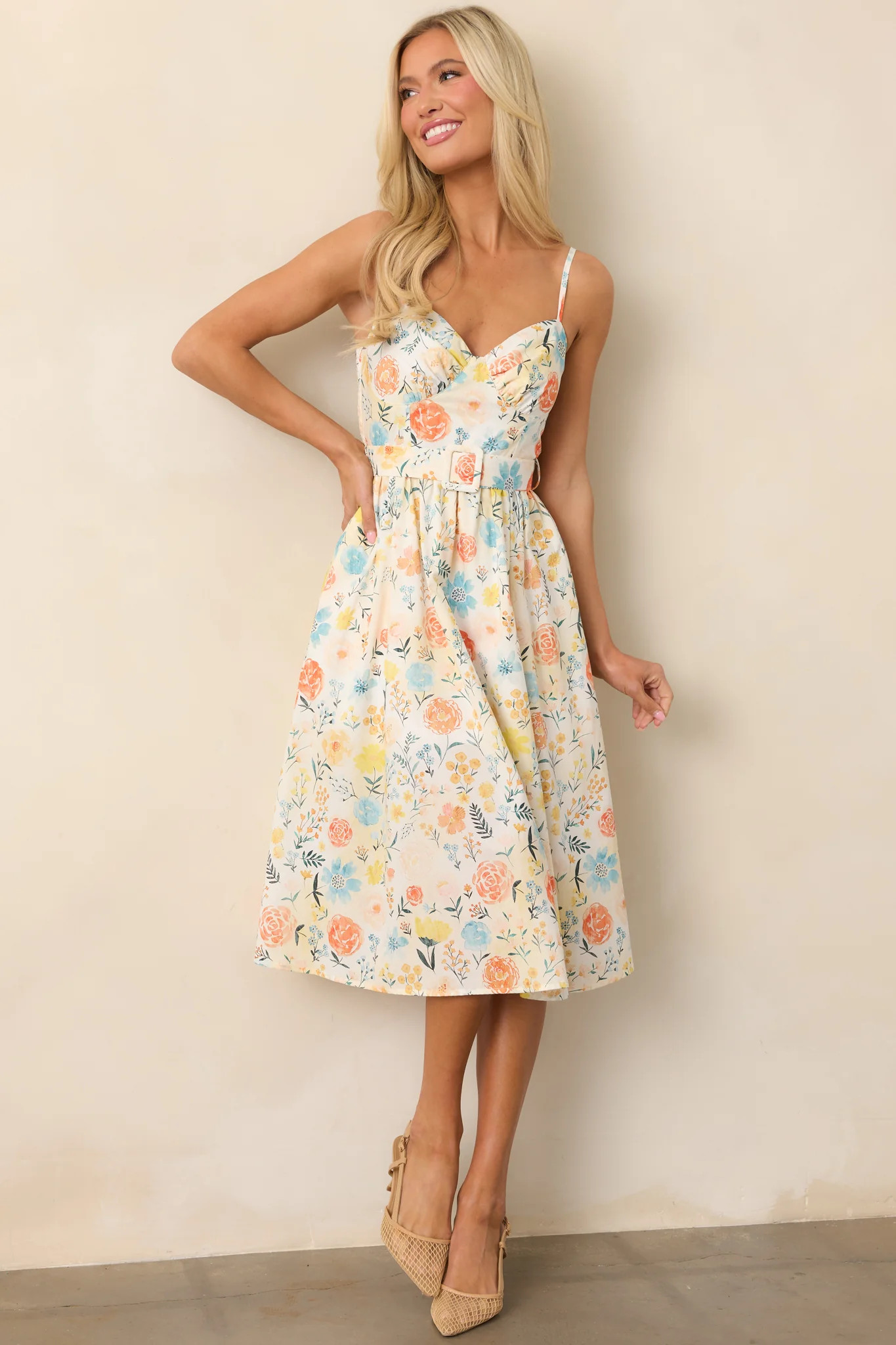 Garden Harvest Ivory Floral Belted Cotton Midi Dress | Red Dress