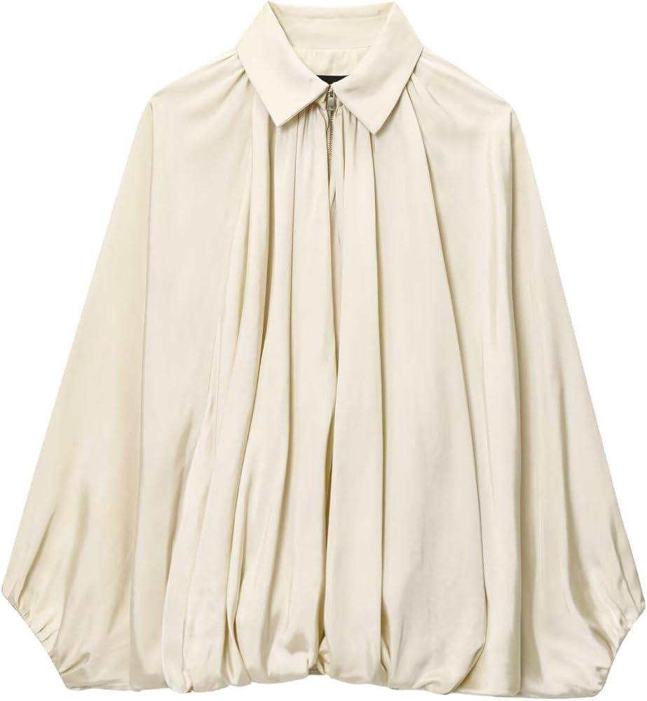 Women's Casual Bomber Jacket Oversized Long Sleeves Outwear with Front Zip Batwing Lapel Collar O... | Amazon (US)