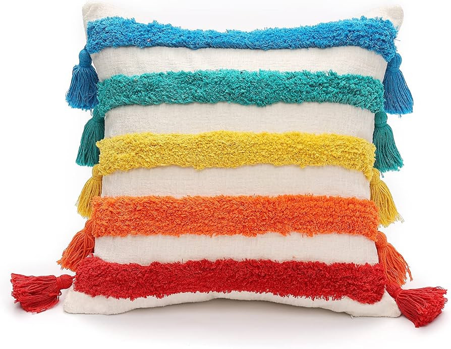 Boho Multicolor Throw Pillow Cover 18x18 Inch with Tassels, Rainbow Colorful Stripe Tufted Decora... | Amazon (US)