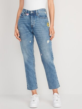 High-Waisted Button-Fly Slouchy Straight Embroidered Non-Stretch Cut-Off Jeans for Women | Old Navy (US)