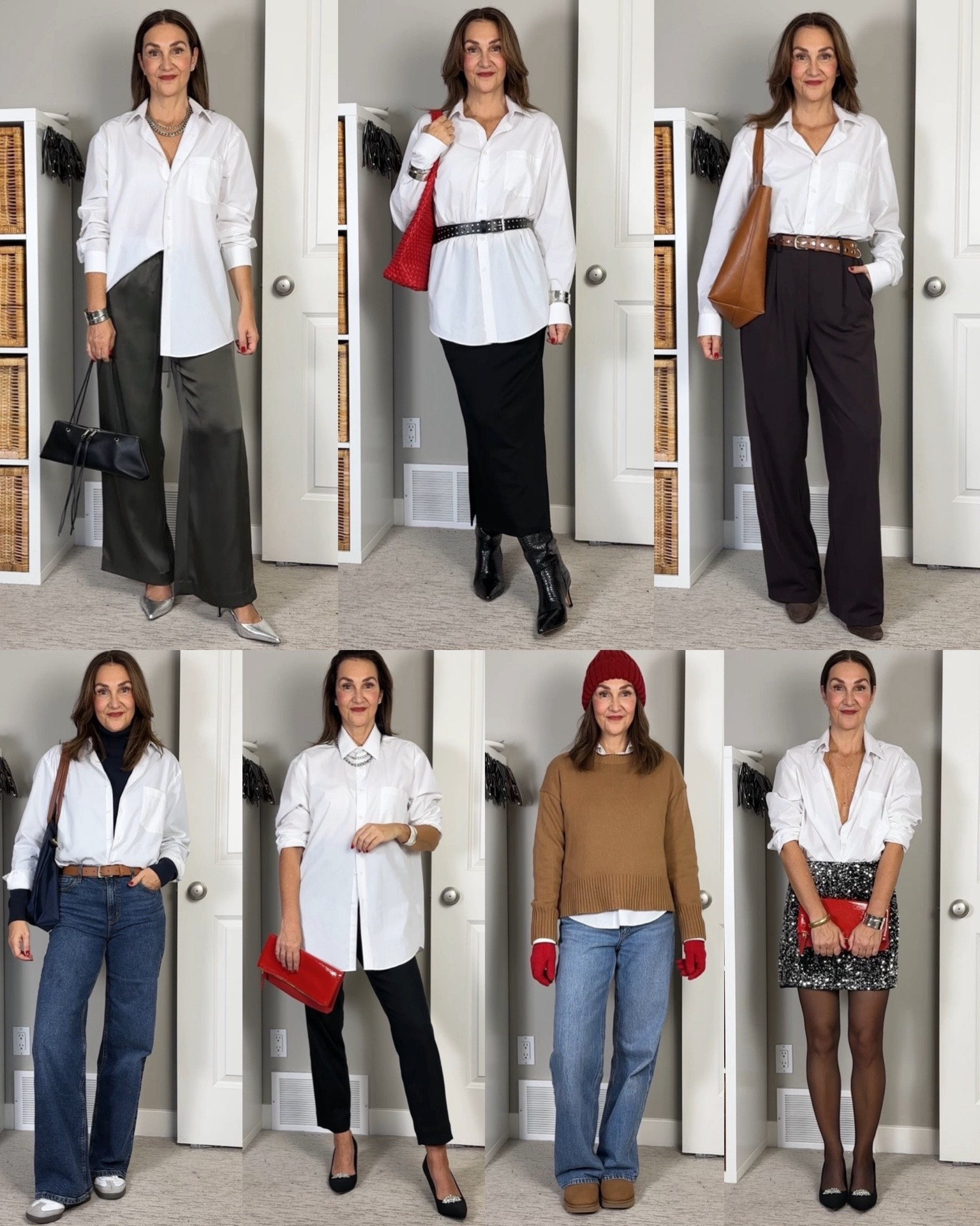 Winter outfit ideas for an oversized white button up shirt! My shirt is a men’s size 16” neck 32-33” sleeve. Best part it’s wrinkle resistant, I just hang it to dry after washing, no iron needed!
I’m 5’ 7” size 4ish wearing my usual size S in the silk pants, black skirt, brown trousers (31.5” inseam) and black pants and 27 in the jeans. Sequined skirt is old but I linked similar. 
I’m wearing my usual size in all the shoes and boots except the Adidas sneakers, go down 1/2 size in those 


#LTKHoliday #LTKootd #LTKSeasonal