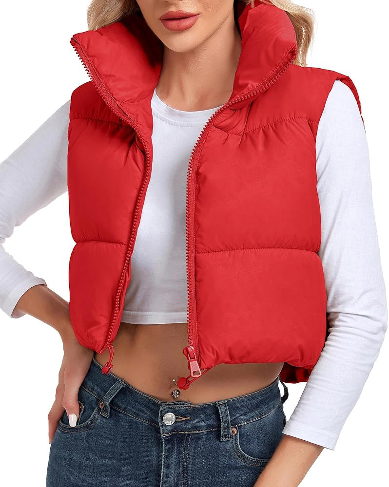 Women's Cropped Puffer Vest Sleeveless High Stand Collar Crop Outerwear Winter Warm Padded Gilet | Amazon (US)