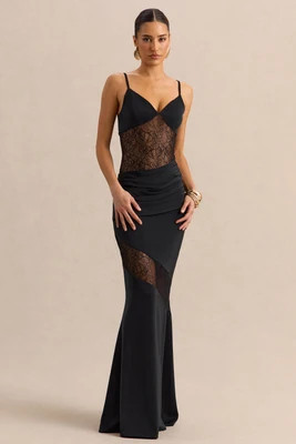 Belvair | Black Satin And Lace Maxi Dress With Draped-Detail | Club L London