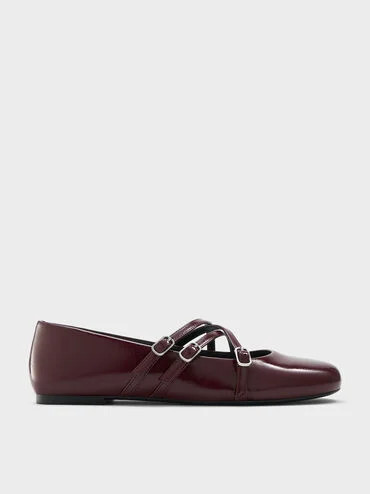 Burgundy Patent Triple-Strap Crossover Mary Jane Flats | CHARLES & KEITH | Charles & Keith CA