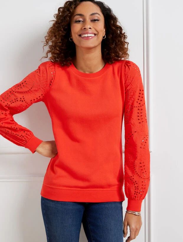 Eyelet Sleeve Crewneck Sweatshirt | Talbots