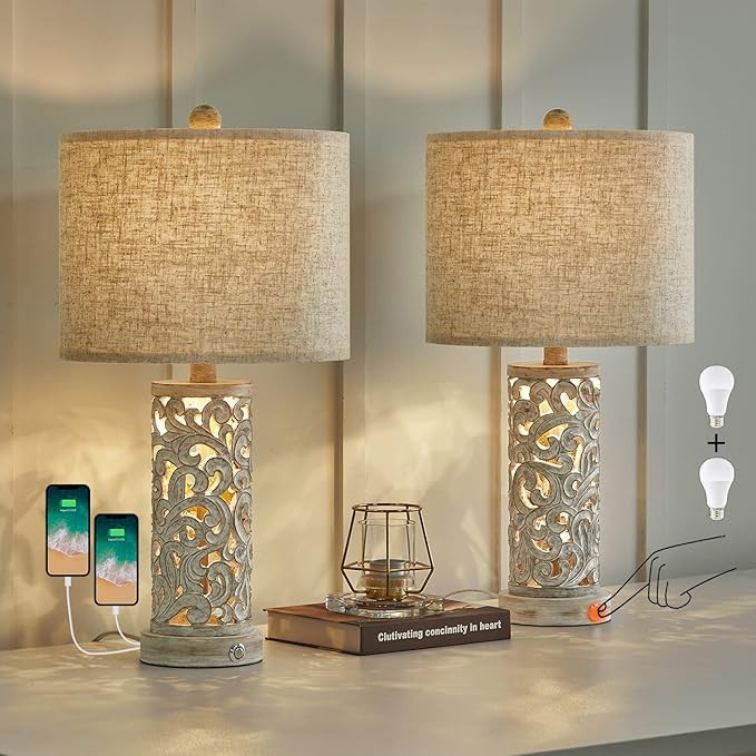 OYEARS 3-Way Dimmable Touch Control 21.25'' Rustic Table Lamp Set of 2 for Living Room Bedroom Fa... | Amazon (US)