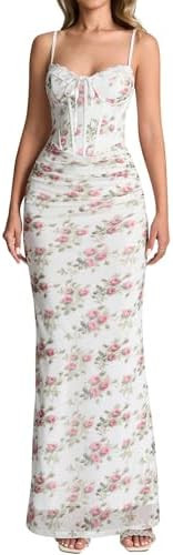 KUTUMAI Vintage Lace Corset Floral Maxi Long Dress Bodycon Ruched Tie Formal Wedding Guest Dresse... | Amazon (US)
