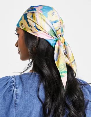 ASOS DESIGN polysatin medium headscarf in postcard print in multi - MULTI | ASOS (Global)