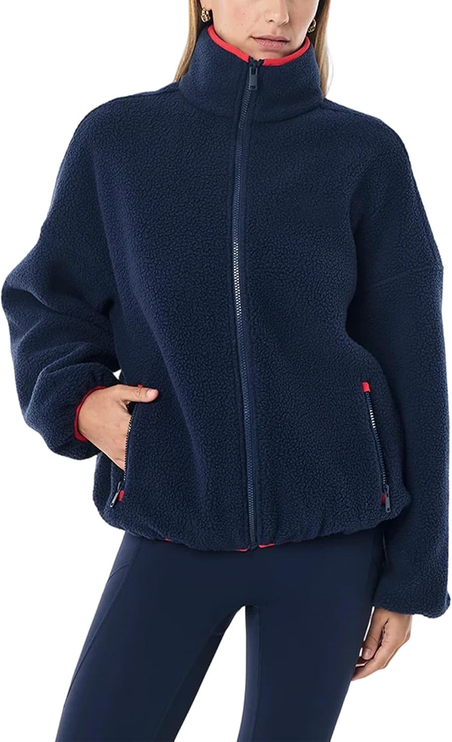Colorful world Women Oversized Cropped Fleece Jacket Stand Collar Warm Coat Contrasting Colors Outdoor Casual Loose Jacket | Amazon (US)