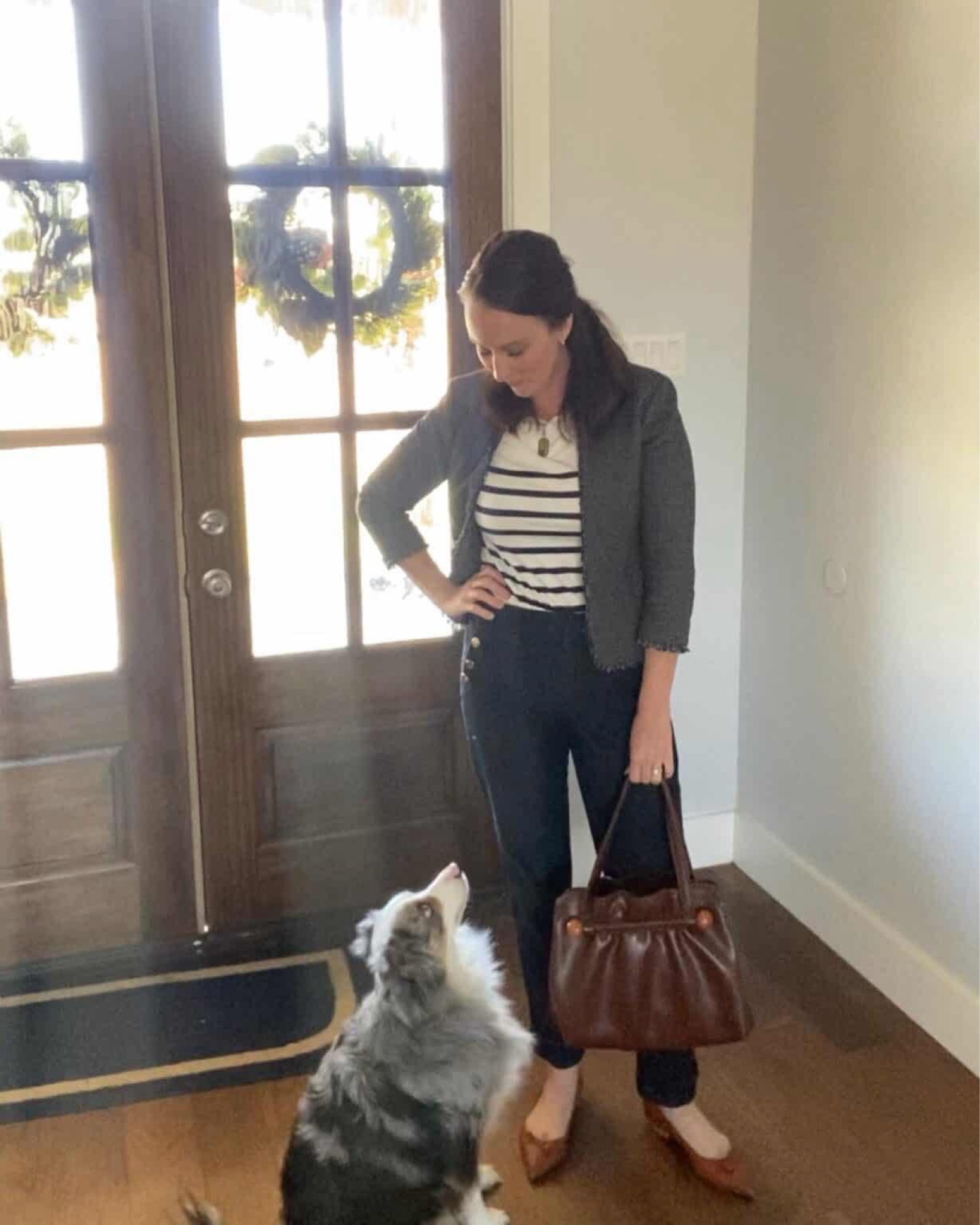 Easy spring fashion outfit: blazer + Breton top + straight leg jeans + leather tote + slides. Vacation outfit, work outfit. 

#LTKStyleTip #LTKOver40 #LTKWorkwear