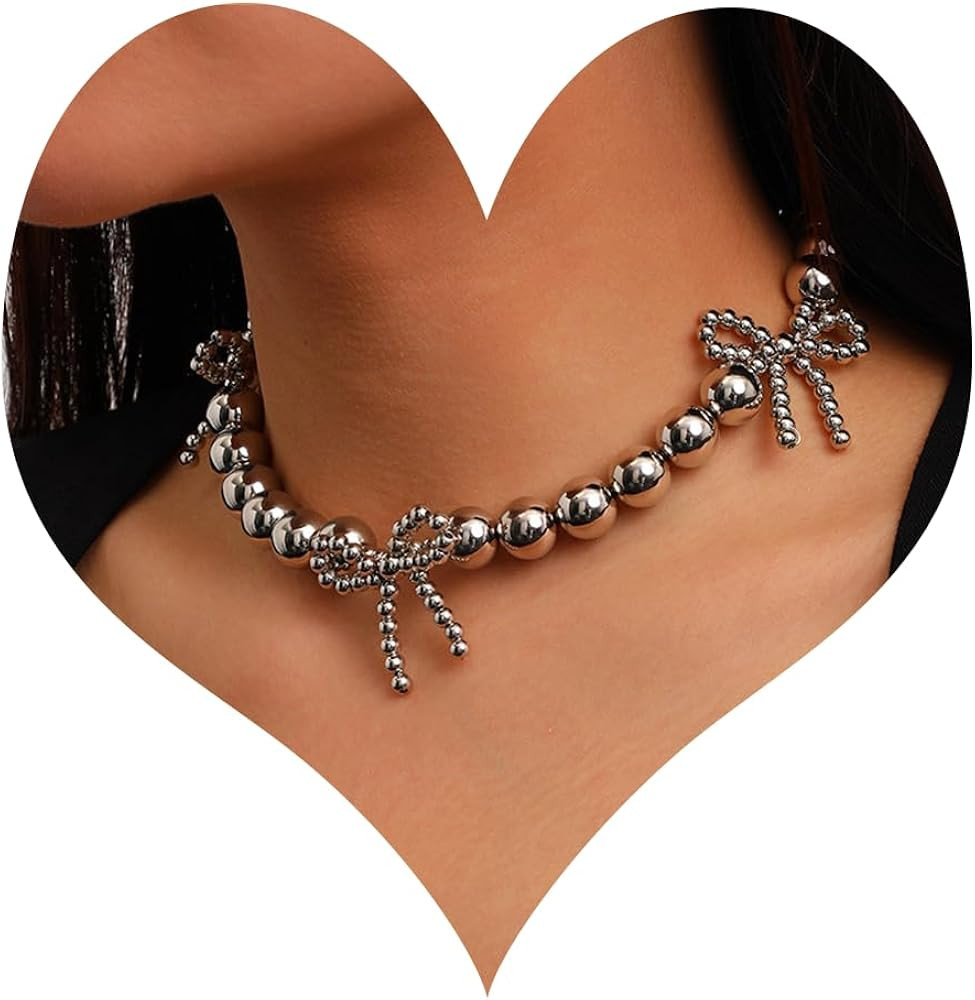 Chunky Gold Bow Necklace for Women Bow Beaded Choker Gold Chain Necklace Bow Jewelry | Amazon (US)